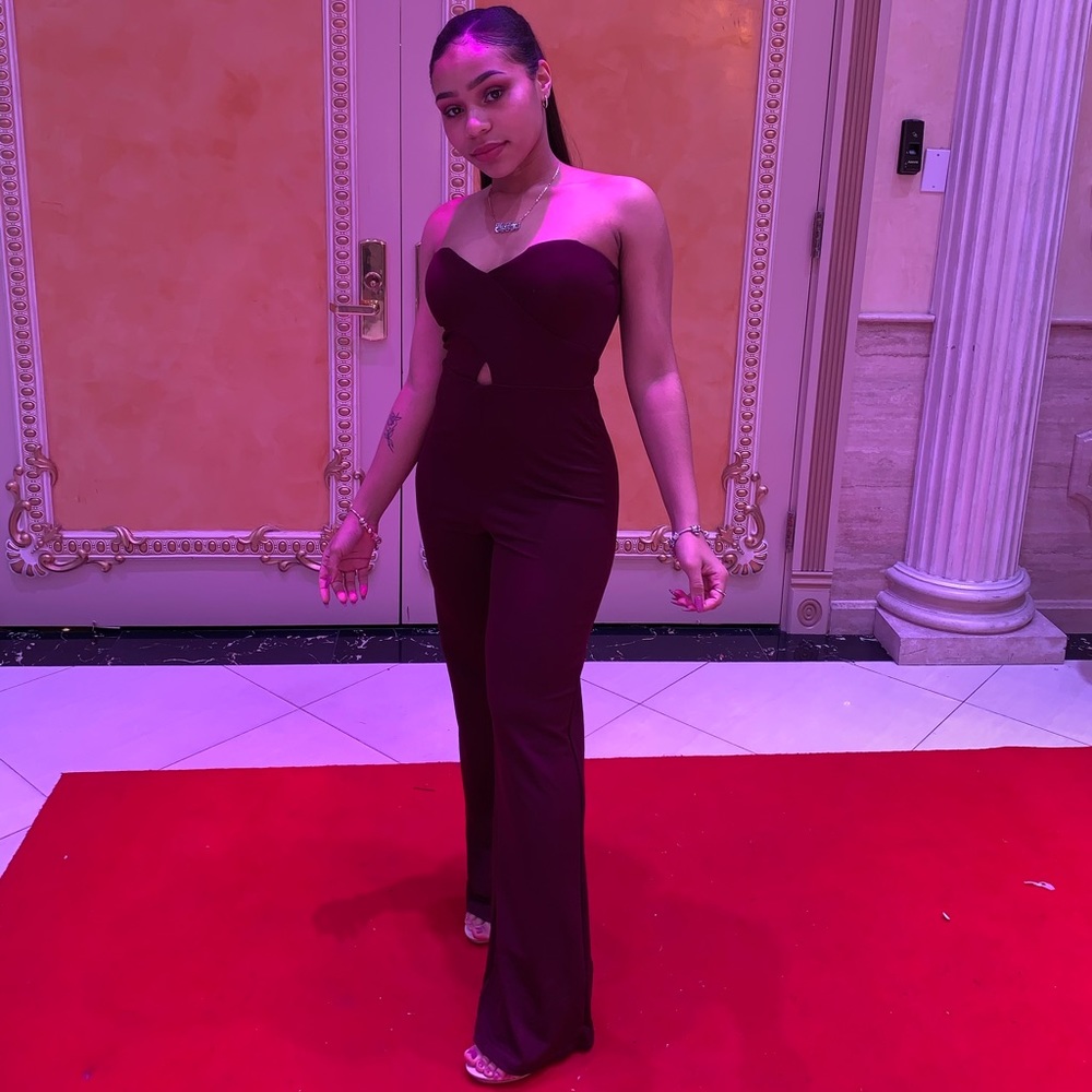 Burgundy strapless jumpsuit